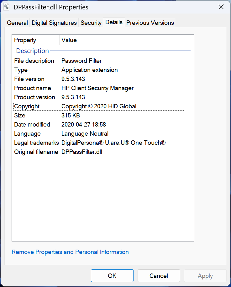 DPPassFilter.dll properties